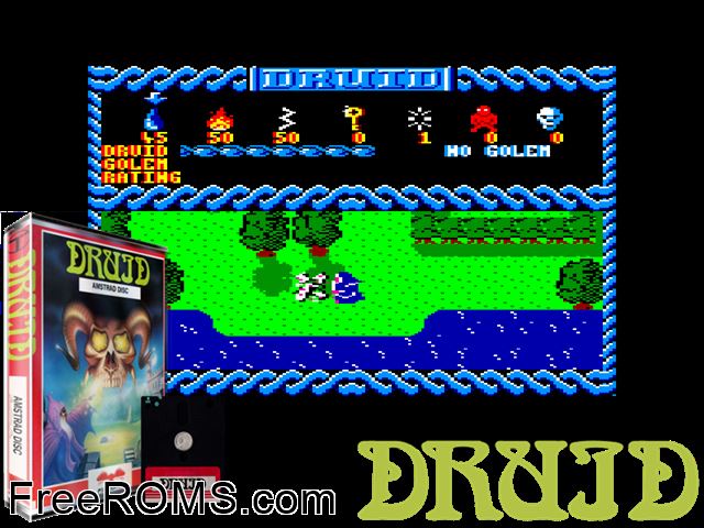 Druid (UK) (1986) Amstrad CPC game showing 3D box cover and gameplay screenshot