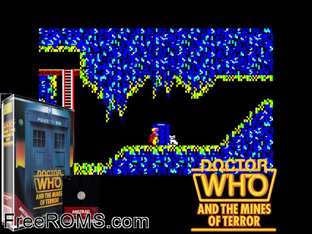 Dr Who and Mines of Terror (UK) (1986) Amstrad CPC game showing 3D box cover and gameplay screenshot