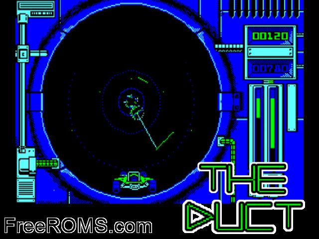 Duct (UK) (1988) Amstrad CPC game showing 3D box cover and gameplay screenshot