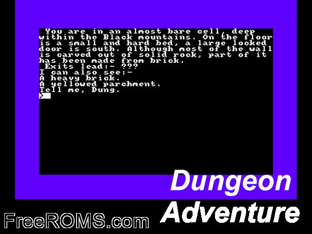 Dungeon Adventure by Simon Avery (UK) (1990) (PD) Amstrad CPC game showing 3D box cover and gameplay screenshot