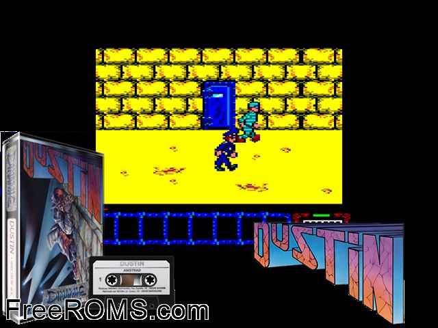Dustin (S) (1986) Amstrad CPC game showing 3D box cover and gameplay screenshot