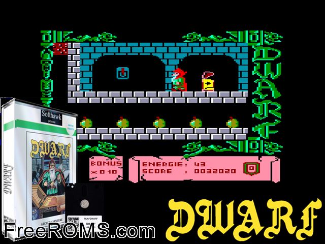 Dwarf (F) (1987) Amstrad CPC game showing 3D box cover and gameplay screenshot