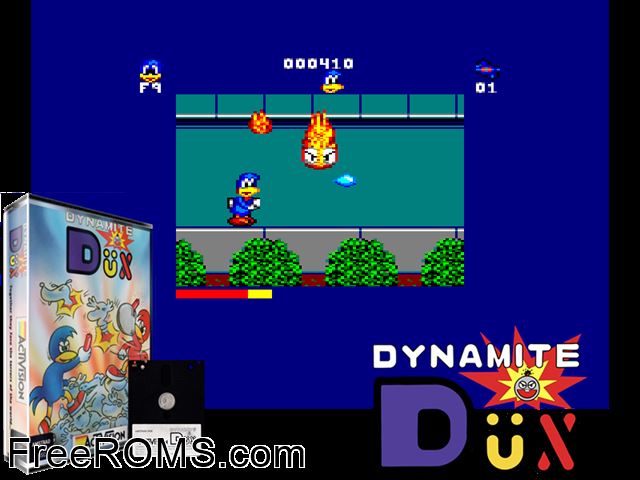 Dynamite Dux (UK) (1989) Amstrad CPC game showing 3D box cover and gameplay screenshot
