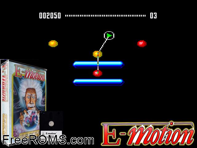 E-Motion (UK) (1990) Amstrad CPC game showing 3D box cover and gameplay screenshot