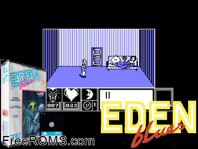 Eden Blues (F) (1985) Amstrad CPC game showing 3D box cover and gameplay screenshot