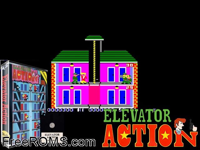 Elevator Action (UK) (1987) Amstrad CPC game showing 3D box cover and gameplay screenshot