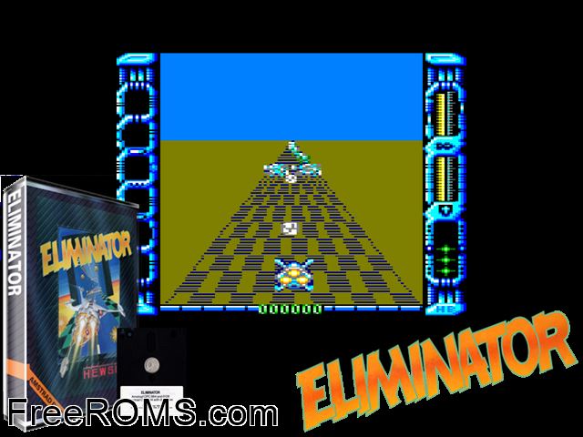 Eliminator (UK) (1988) Amstrad CPC game showing 3D box cover and gameplay screenshot