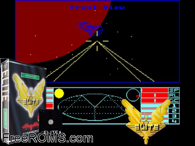 Elite (UK) (1986) Amstrad CPC game showing 3D box cover and gameplay screenshot