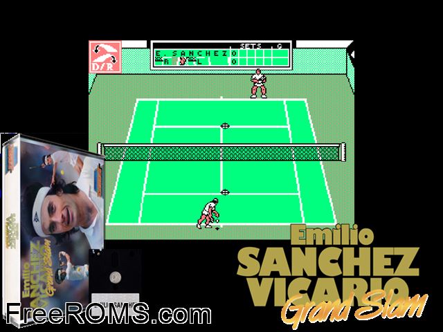 Emilio Sanchez Vicario (S) (1989) Amstrad CPC game showing 3D box cover and gameplay screenshot