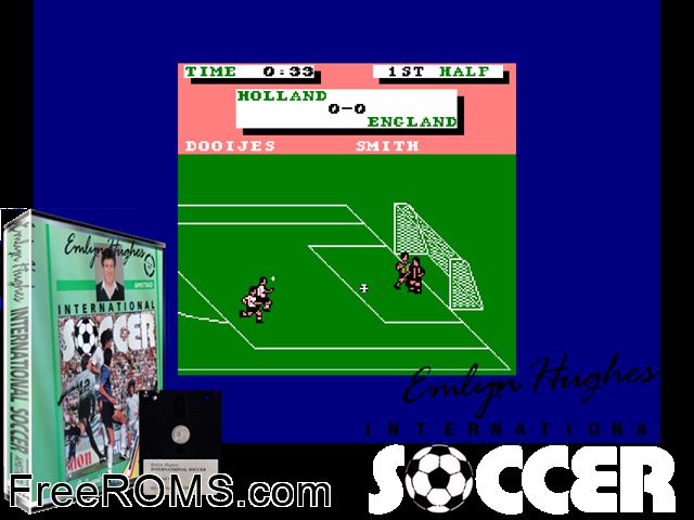 Emlyn Huges International Soccer (UK) (1988) Amstrad CPC game showing 3D box cover and gameplay screenshot