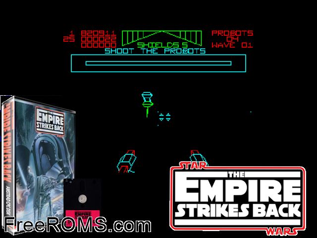 Empire Strikes Back, The (UK) (1988) Amstrad CPC game showing 3D box cover and gameplay screenshot