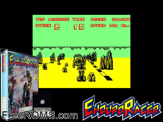 Enduro Racer (UK) (1987) (Disk 1 of 2) Amstrad CPC game showing 3D box cover and gameplay screenshot