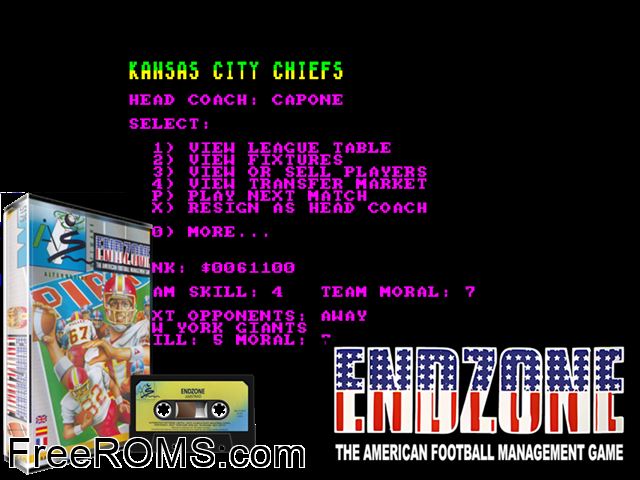Endzone (UK) (1988) Amstrad CPC game showing 3D box cover and gameplay screenshot