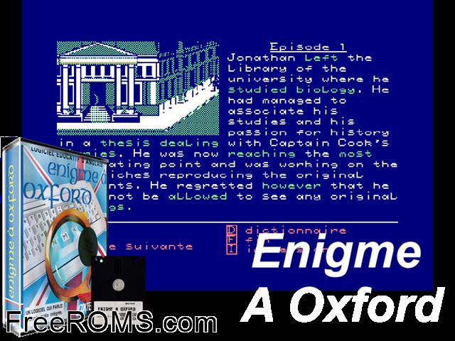 Enigme A Oxford (UK,F) (1987) Amstrad CPC game showing 3D box cover and gameplay screenshot