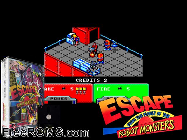 Escape From Planet of Robot Monsters (UK) (1990) Amstrad CPC game showing 3D box cover and gameplay screenshot
