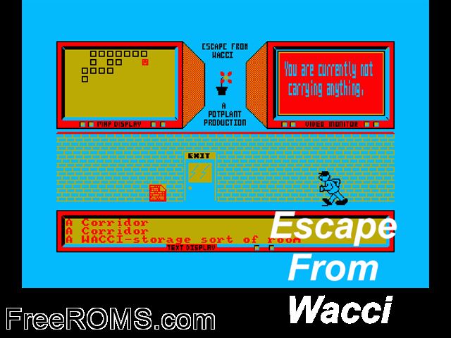 Escape From WACCI (UK) (1989) Amstrad CPC game showing 3D box cover and gameplay screenshot