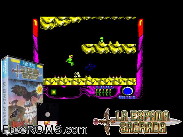 Espada Sagrada, La (S) (1990) Amstrad CPC game showing 3D box cover and gameplay screenshot