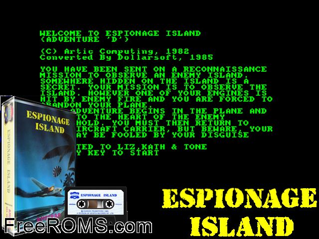 Espionage Island (UK) (1985) Amstrad CPC game showing 3D box cover and gameplay screenshot