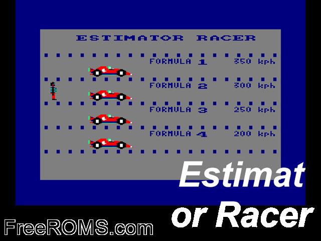 Estimator Racer (UK) (19xx) Amstrad CPC game showing 3D box cover and gameplay screenshot