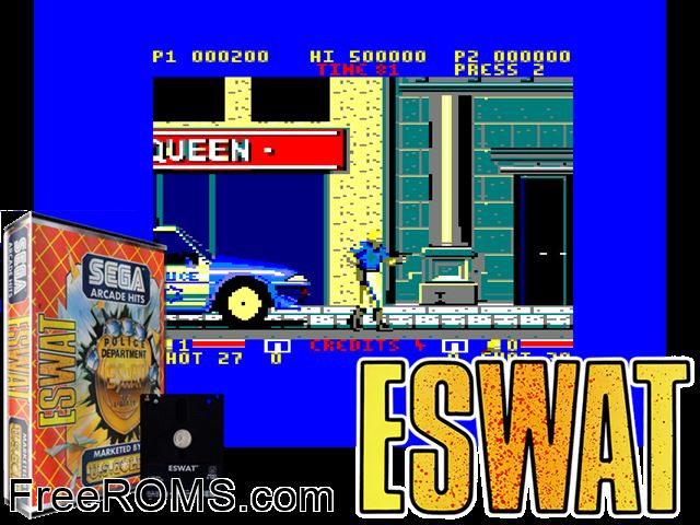 ESWAT - Cyber Police (UK) (1990) (Disk 1 of 2) Amstrad CPC game showing 3D box cover and gameplay screenshot