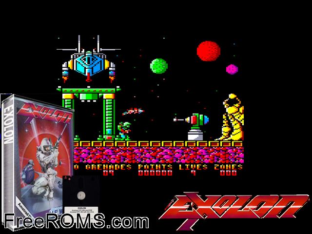Exolon (UK) (1987) Amstrad CPC game showing 3D box cover and gameplay screenshot