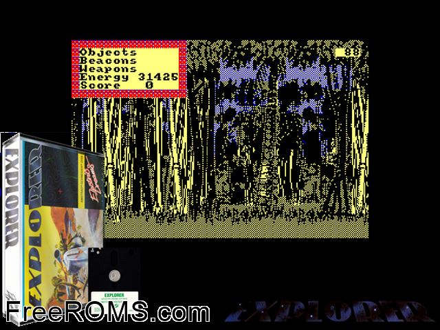 Explorer (UK) (1987) Amstrad CPC game showing 3D box cover and gameplay screenshot