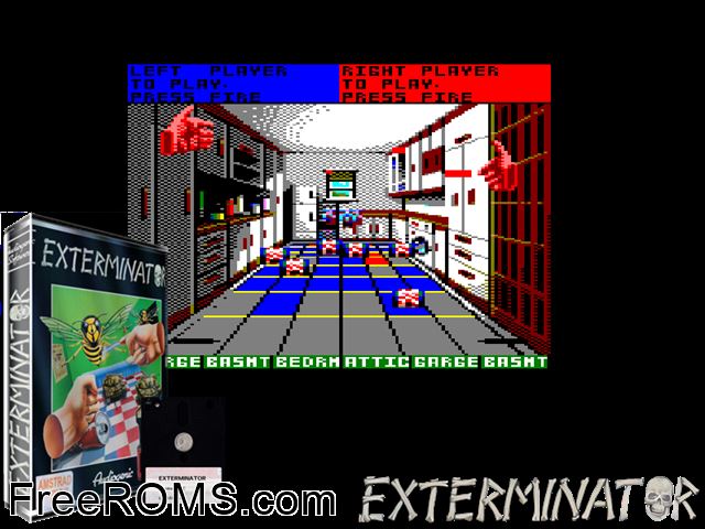 Exterminator (UK) (1991) Amstrad CPC game showing 3D box cover and gameplay screenshot