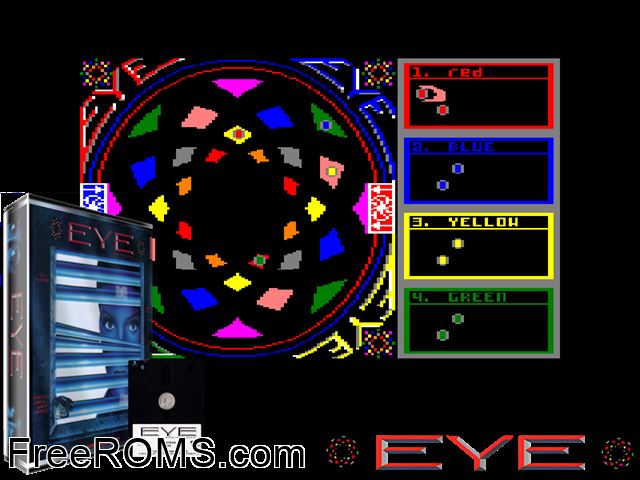 Eye (UK) (1988) Amstrad CPC game showing 3D box cover and gameplay screenshot