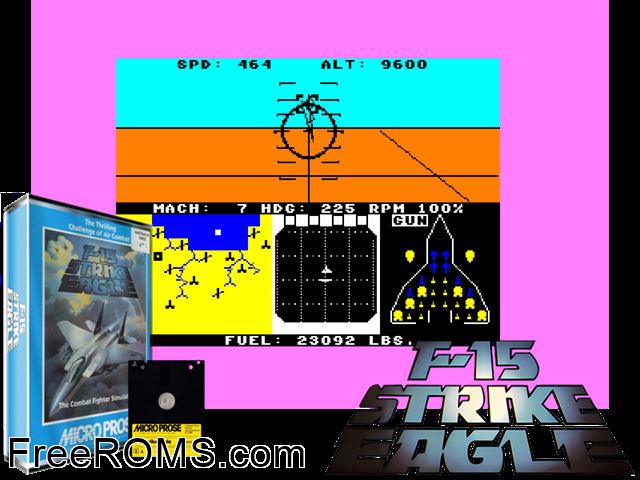 F15 Strike Eagle (UK) (1987) Amstrad CPC game showing 3D box cover and gameplay screenshot