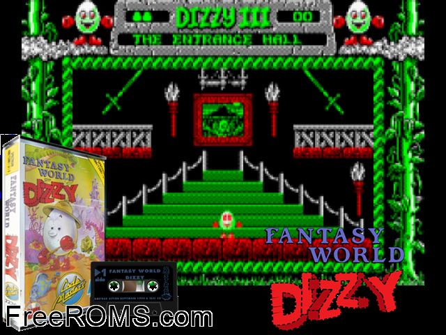 Fantasy World Dizzy (UK) (1989) Amstrad CPC game showing 3D box cover and gameplay screenshot