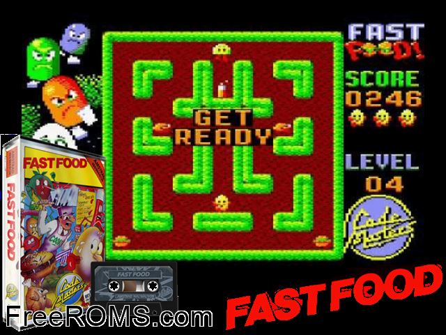 Fast Food! (UK) (19xx) Amstrad CPC game showing 3D box cover and gameplay screenshot
