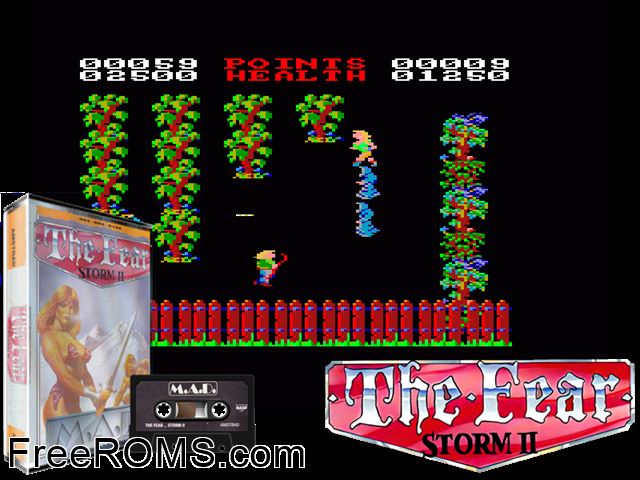 Fear - Storm 2, The (UK) (1987) Amstrad CPC game showing 3D box cover and gameplay screenshot