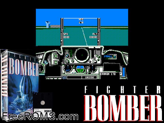 Fighter Bomber (UK) (1990) (Disk 2 of 2) Amstrad CPC game showing 3D box cover and gameplay screenshot