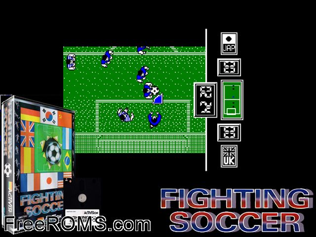 Fighting Soccer (UK) (1989) Amstrad CPC game showing 3D box cover and gameplay screenshot