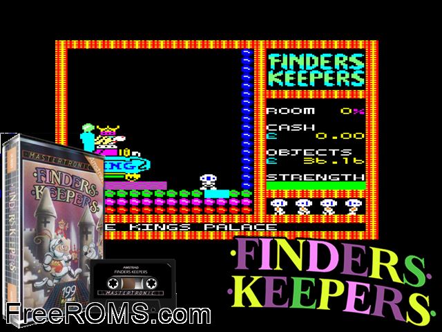 Finders Keepers (UK) (1985) Amstrad CPC game showing 3D box cover and gameplay screenshot