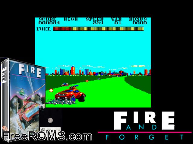Fire and Forget (UK) (1988) Amstrad CPC game showing 3D box cover and gameplay screenshot
