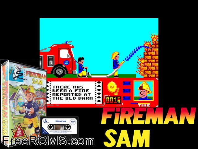 Fireman Sam (UK) (1991) Amstrad CPC game showing 3D box cover and gameplay screenshot