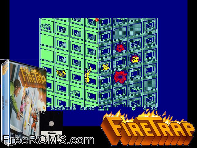 Firetrap (UK) (1988) Amstrad CPC game showing 3D box cover and gameplay screenshot