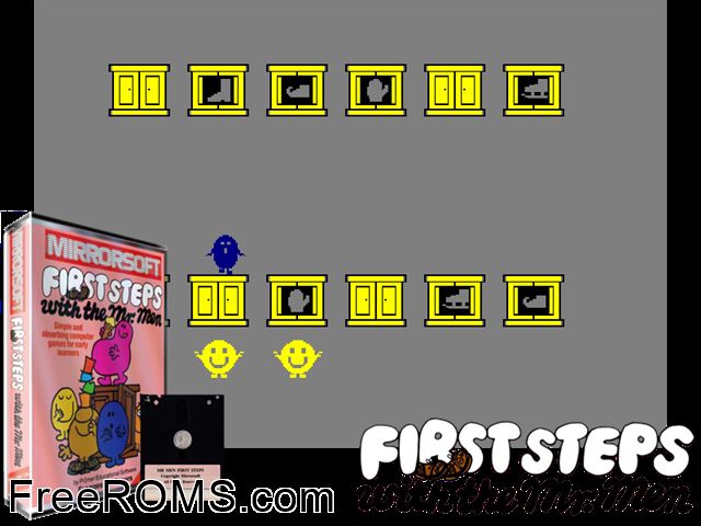 First Steps With The Mr Men (UK) (1985) Amstrad CPC game showing 3D box cover and gameplay screenshot