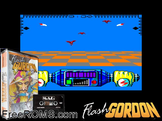 Flash Gordon (UK) (1988) Amstrad CPC game showing 3D box cover and gameplay screenshot
