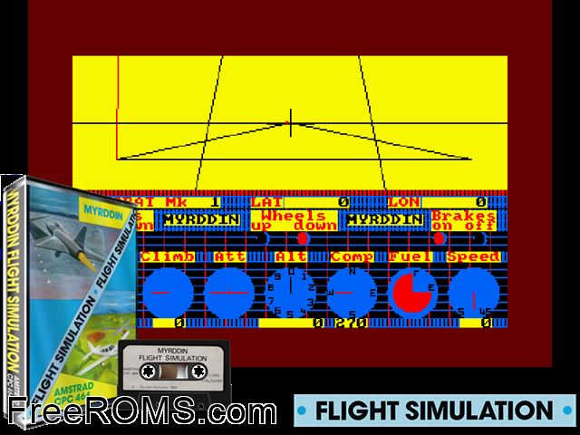 Flight Simulation (UK) (1984) Amstrad CPC game showing 3D box cover and gameplay screenshot