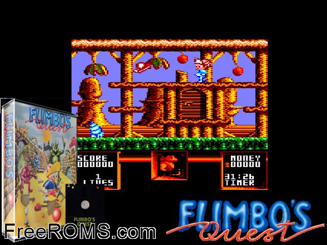 Flimbo's Quest (UK) (1990) Amstrad CPC game showing 3D box cover and gameplay screenshot