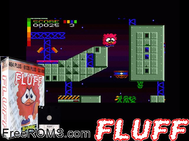 Fluff (UK) (1994) Amstrad CPC game showing 3D box cover and gameplay screenshot
