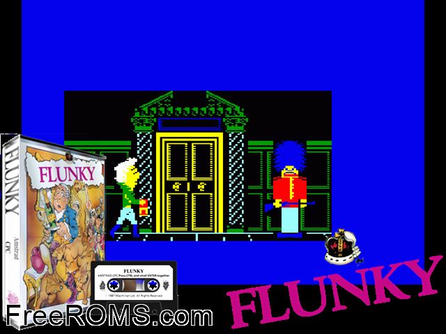 Flunky (UK) (1987) Amstrad CPC game showing 3D box cover and gameplay screenshot