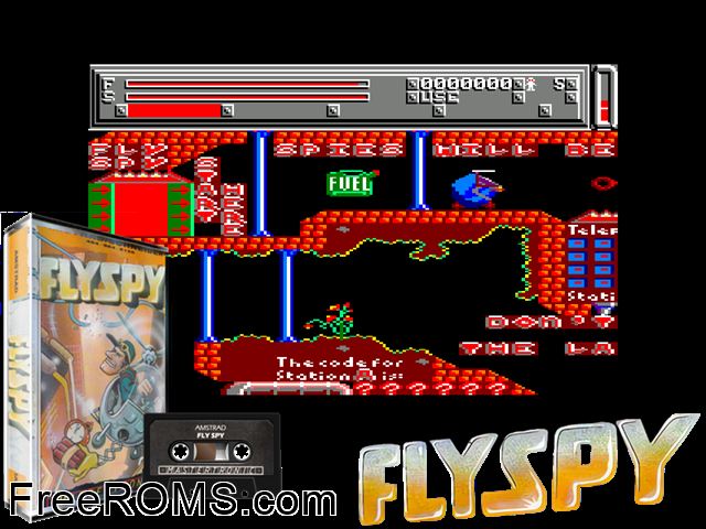 Fly Spy (UK) (1986) Amstrad CPC game showing 3D box cover and gameplay screenshot