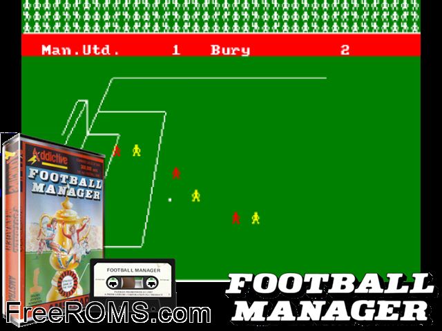 Football Manager (UK) (1984) Amstrad CPC game showing 3D box cover and gameplay screenshot