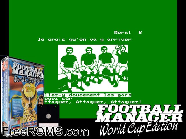 Football Manager World Cup Edition (G) (1990) Amstrad CPC game showing 3D box cover and gameplay screenshot