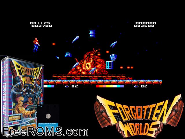 Forgotten Worlds (UK) (1989) Amstrad CPC game showing 3D box cover and gameplay screenshot