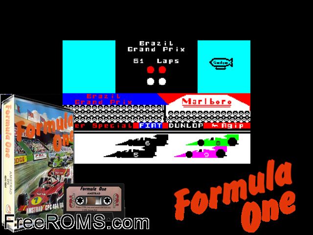 Formula One (UK) (1985) Amstrad CPC game showing 3D box cover and gameplay screenshot