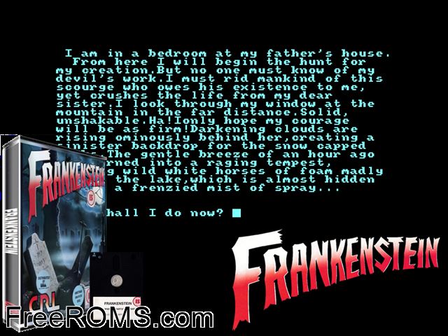 Frankenstein (UK) (1987) Amstrad CPC game showing 3D box cover and gameplay screenshot